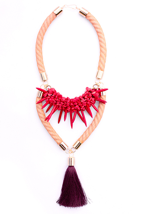 yayoi-jewelry-orange-rope-cord-red-spike-turquoise-chip-plum-tassel-statement-necklace-white-background